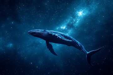 Fototapeta premium Humpback whale gliding through a starry galaxy in a vibrant cosmic ocean