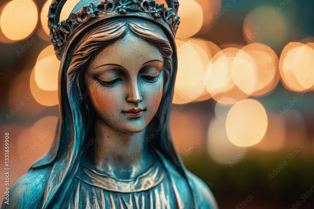 Poster Sculpture of a serene figure illuminated by soft bokeh lights in an evening garden setting