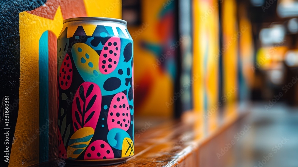 Aufkleber A decorative beverage can featuring vivid patterns is positioned on a wooden ledge, with a colorful mural visible in the background, creating a cheerful atmosphere.