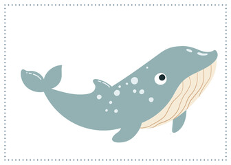 Cute whale illustration in minimalist style with soft colors. Ideal for children's decor, prints, textiles, greeting cards, and ocean-themed graphic design projects