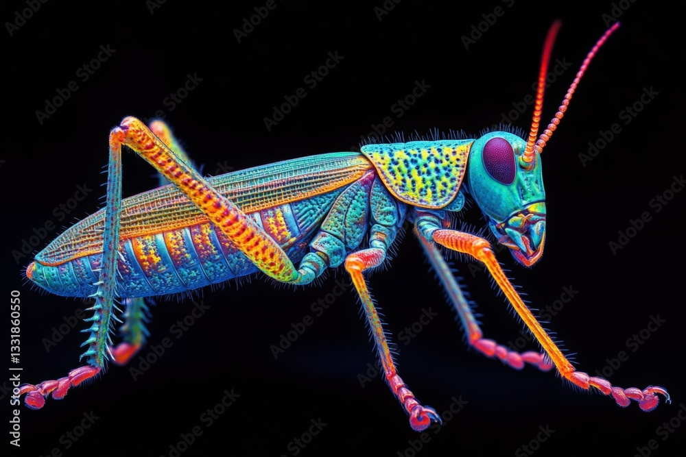 Poster Vibrant grasshopper displays intricate colors and textures in a close-up view against a dark background