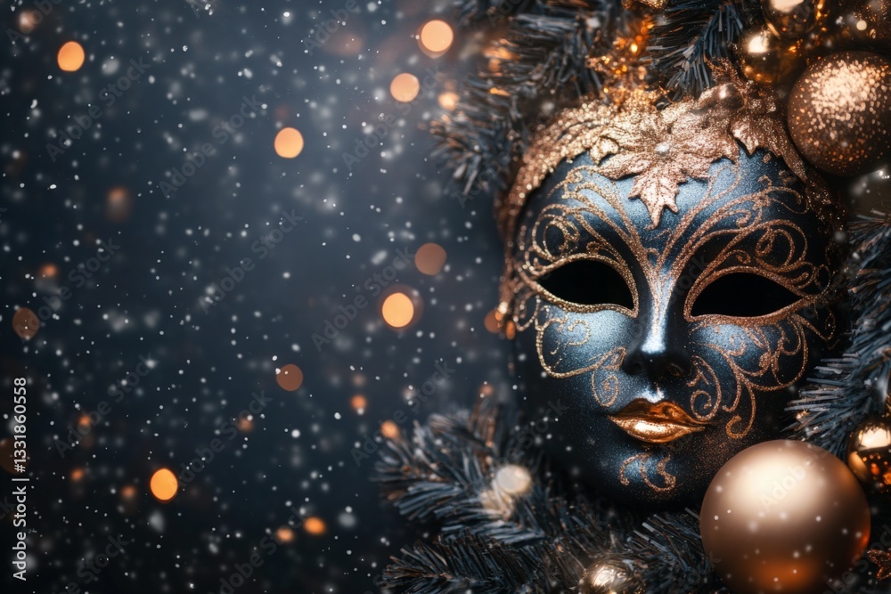 Aufkleber intricate black mask adorned with gold accents and ornaments set against a sparkling snowy backgroun