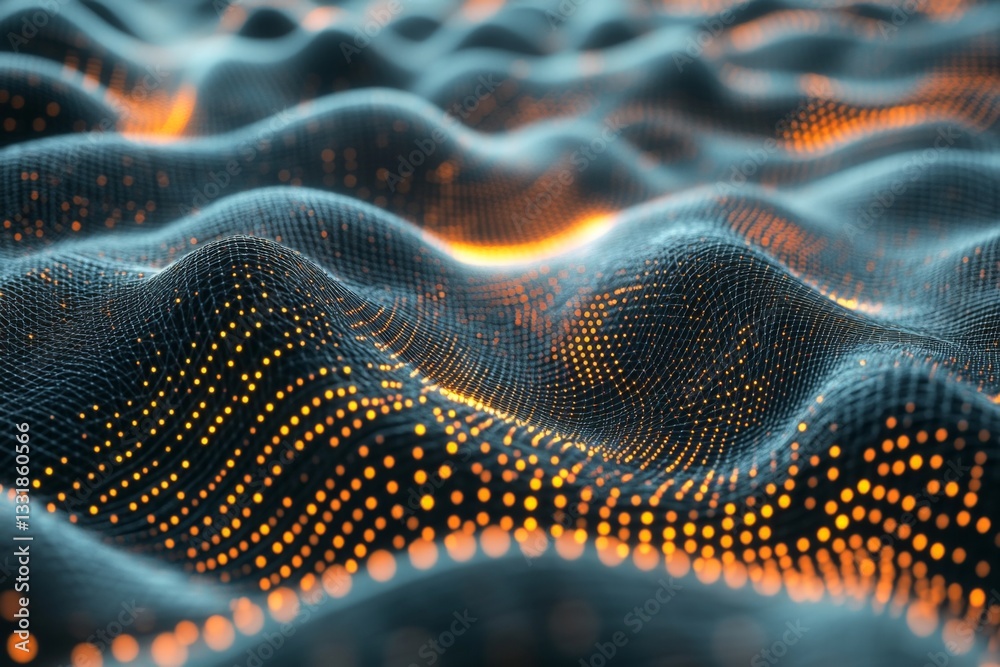 Poster digital representation of flowing waves with glowing particles creates a vibrant, futuristic landsca