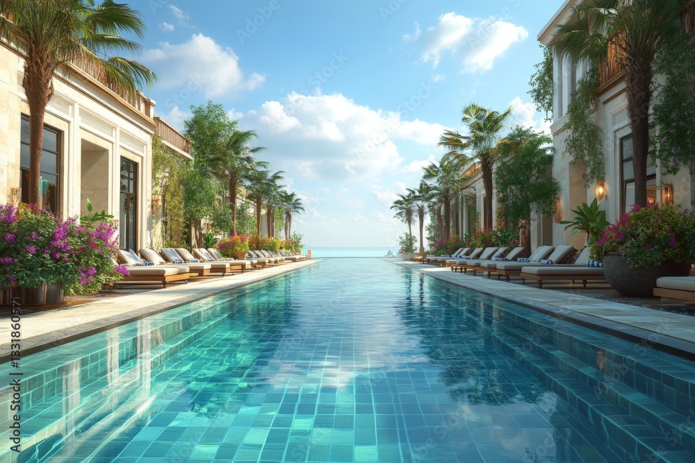 Aufkleber luxurious resort pool with palm trees under a clear blue sky at a tropical destination