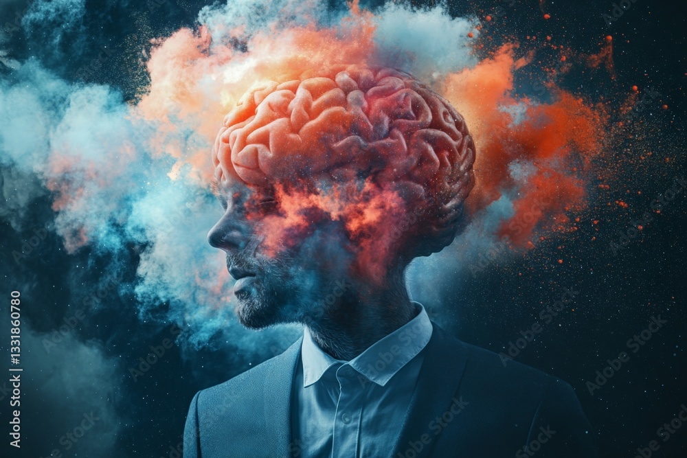 Poster conceptual representation of creativity and imagination with a human silhouette and a colorful brain