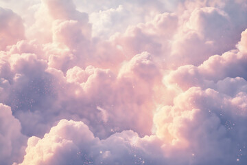 Misty fluffy clouds with sparkles. A celestial sky full of shimmering, ethereal, fluffy clouds with a mist