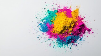 Fototapeta premium Top view of colorful Holi powder arranged on a white background, symbolizing the vibrant Indian festival of colors, joy, and celebration.