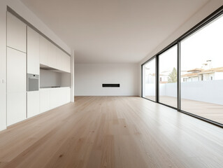 Fototapeta premium Expansive open-plan living area with wooden flooring, modern kitchen, and sliding glass doors connecting to an outdoor terrace.