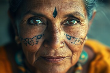 Elderly woman with intricate tattoos gazes confidently at the camera inside a vibrant cultural setting