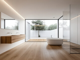 Luxury bathroom with floor-to-ceiling windows, a freestanding bathtub, and natural materials, creating a spa-like retreat.
