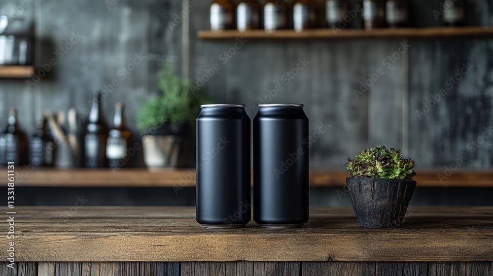 Poster Two black beverage cans stand on a rustic wooden table surrounded by a contemporary backdrop featuring shelves lined with various bottles, adding to the atmosphere.