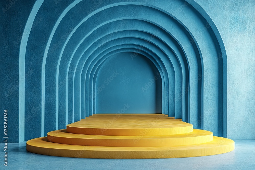 Poster Modern architectural design featuring blue arches and a yellow base creating a striking visual contrast in an indoor space