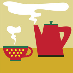 Red teapot with water vapor and red cup on yellow background