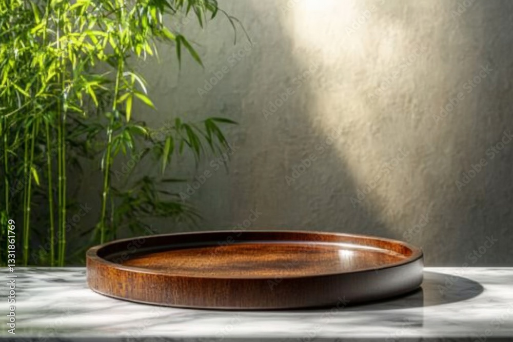 Poster wooden tray placed on a marble surface surrounded by bamboo in a natural light setting