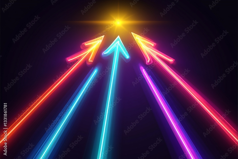 Poster Bright neon arrows pointing toward a luminous light source in a dark background creating a vibrant and dynamic visual effect