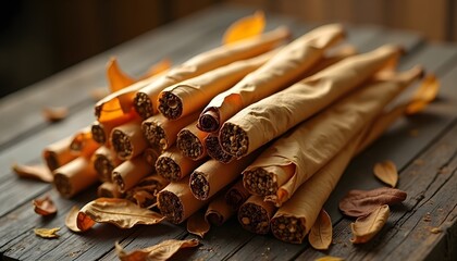 A close-up of rolled cigar leaves stacked on a wooden surface, surrounded by dried leaves, showcasing their natural texture and earthy tones.