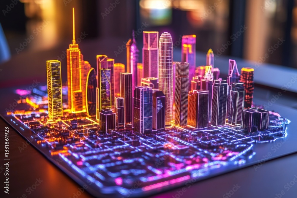 Aufkleber colorful neon skyline of a city displayed in 3d with intricate details highlighting urban architectu
