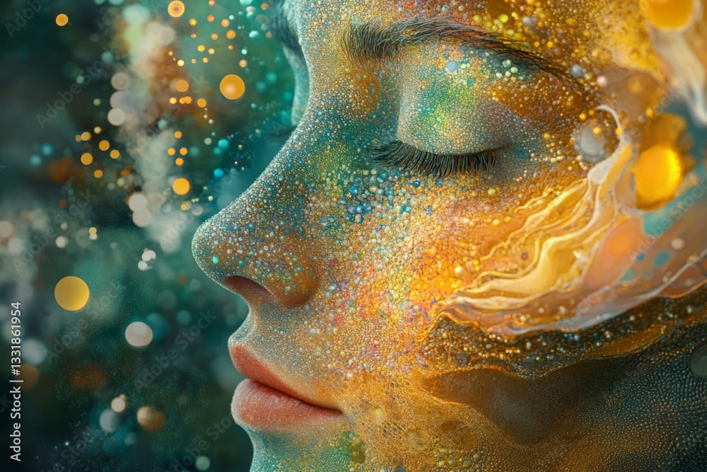Poster surreal portrait of a woman with colorful abstract face paint and shimmering details at twilight