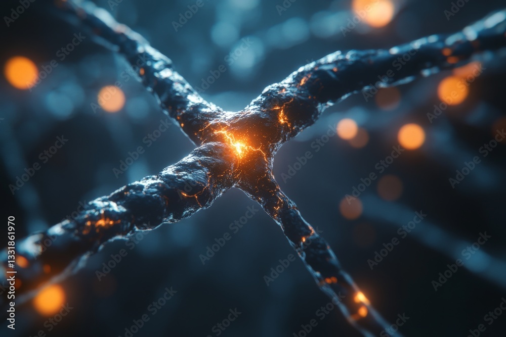 Poster Close-up view of interconnected neurons highlighting electrical activity in a digital representation of the brain's neural network