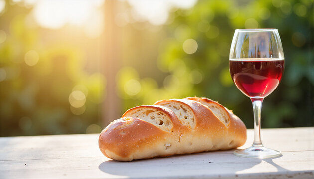 Freshly baked bread and red wine on a wooden table with a sunlit vineyard background for food blogs, recipes, event planning, culinary presentations, and social media content - Powered by Adobe