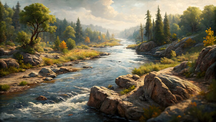 Autumn's golden trees frame a mountain river flowing over smooth rocks, oil painting style