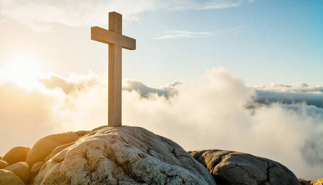 Wooden cross atop rocky hill with scenic clouds and sunset light - Powered by Adobe