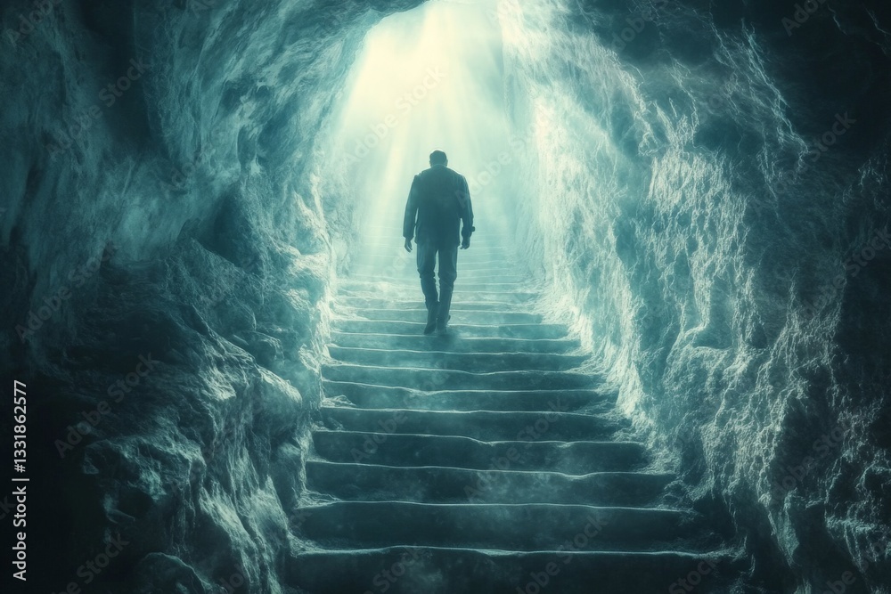 Poster mysterious figure walking up ancient stone stairs in an illuminated cave during a serene moment of e