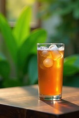 Refreshing Iced Tea in a Glass on a Wooden Table Outdoors