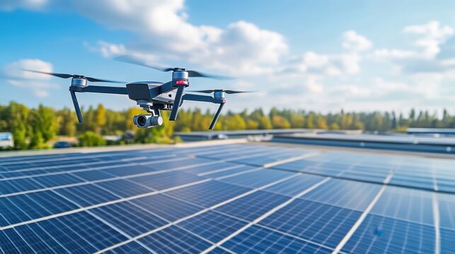 A drone inspects solar panels on a commercial building under a clear blue sky, showcasing modern technology in renewable energy applications
