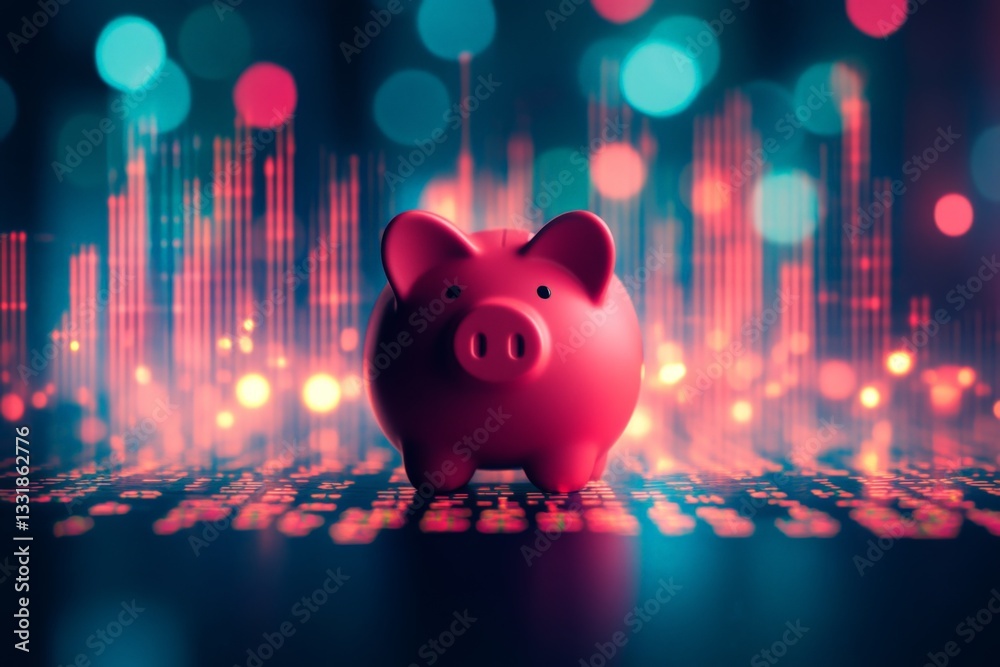 Poster digital representation of savings with a pink piggy bank in a neon-lit environment at night
