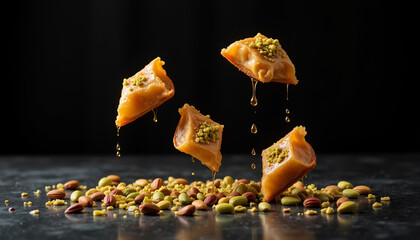 Greek honey pastries with nuts on dark background, suitable for Mediterranean dessert menus and gourmet food photography, with dramatic lighting.