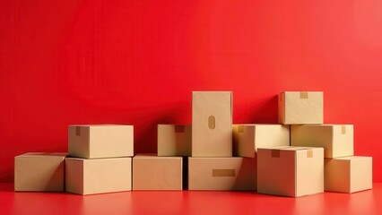 Stack of Cardboard Boxes Against Vibrant Red Background, Ideal for E-commerce, Delivery, and Shipping Concepts