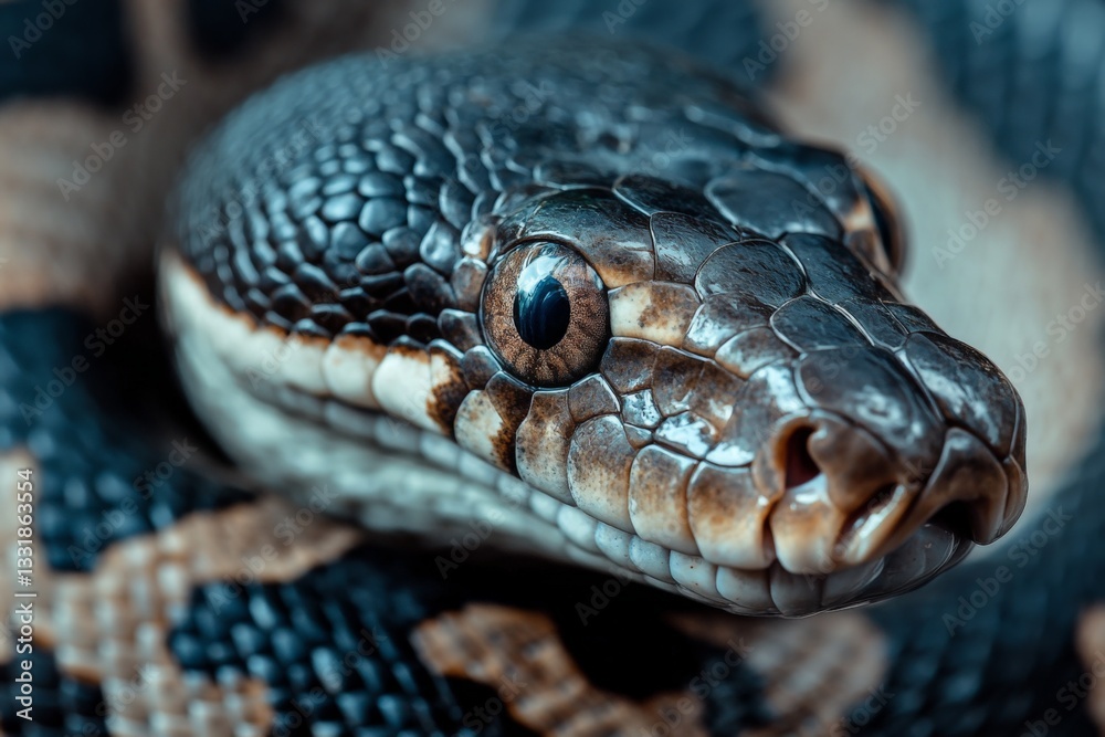 Poster Close-up view of a python showcasing its intricate scales and striking eyes in a natural habitat