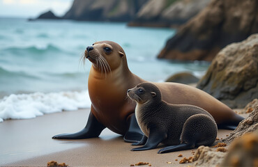 Naklejka premium A Mother And Baby Sea Lion Lying On A Rocky Shore Near A Warming Ocean With Little Food Available