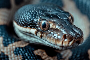 Fototapeta premium Close-up view of a python showcasing its intricate scales and striking eyes in a natural habitat