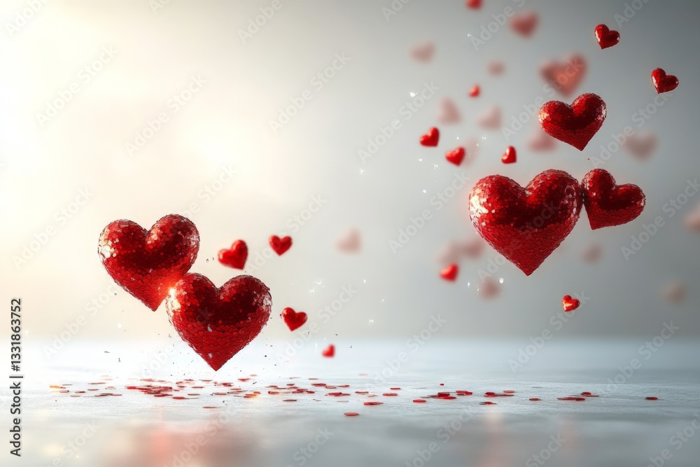 Poster Floating red hearts create a romantic atmosphere in a soft, illuminated space during a celebration of love