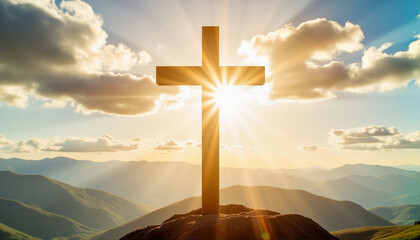 Cross illuminated by sunlight on a mountain peak for blogs, websites, religious designs, spiritual education, presentations, and faith-related materials