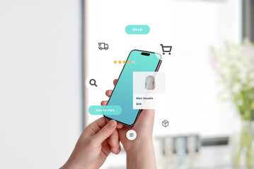 Online shopping app on smartphone, UI components hovering around, showing product, price, delivery,...