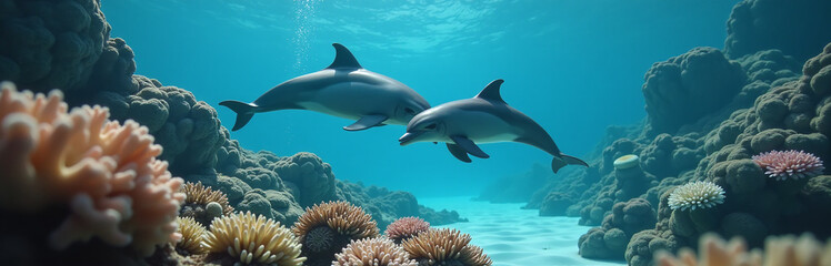 Fototapeta premium A Mother And Baby Dolphin Swimming Through Warming Waters Near A Coral Reef That Has Turned White