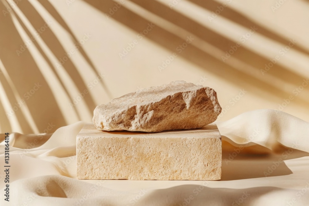 Poster Natural stone arrangement on textured fabric surface with soft shadows in a warm-lit setting