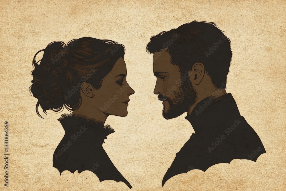 Poster silhouettes of a couple in profile against a textured background depicting love and connection