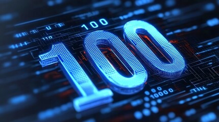 Glowing Digital Number 100, Futuristic Style on Circuit Board Background, Technology Concept.