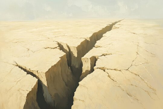 A vast, cracked desert landscape reveals a deep chasm splitting the parched earth.