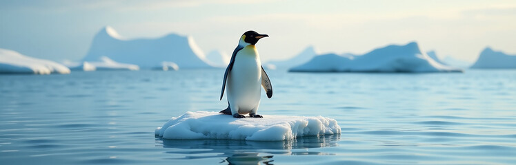 Obraz premium A Lone Penguin Standing On A Small Patch Of Ice Surrounded By Open, Warming Ocean Waters