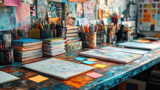 Colorful Artist's Workspace: A vibrant and inspiring creative studio filled with art supplies, sketchbooks, and colorful notes.