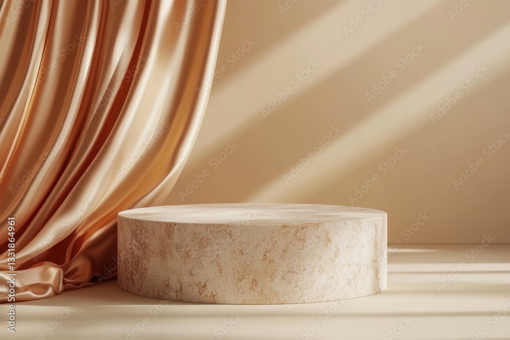 Poster Soft golden fabric drapes elegantly next to a round pedestal on a warm-toned backdrop creating a serene atmosphere