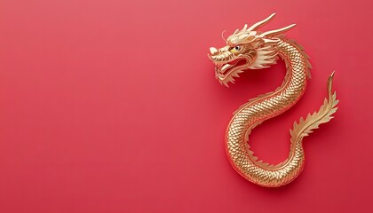 Fototapeta premium Golden Crystal Dragon Sculpture on Red Background, Lunar New Year 2024 Concept with Copy Space Area