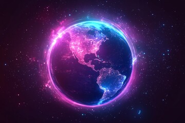 Obraz premium Colorful depiction of Earth surrounded by a cosmic background filled with stars and vibrant energy effects