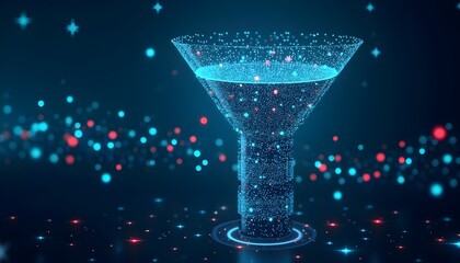 A digital funnel represented with glowing particles, symbolizing data processing or filtration in a futuristic context.