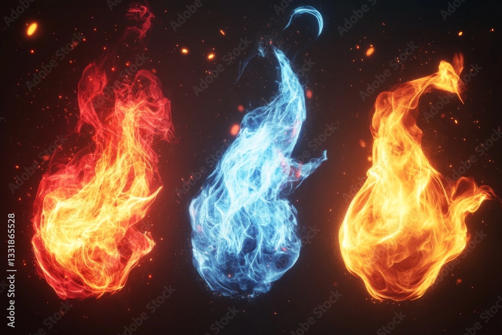 Poster flames of various colors dance against a dark background showcasing dynamic movement and energy